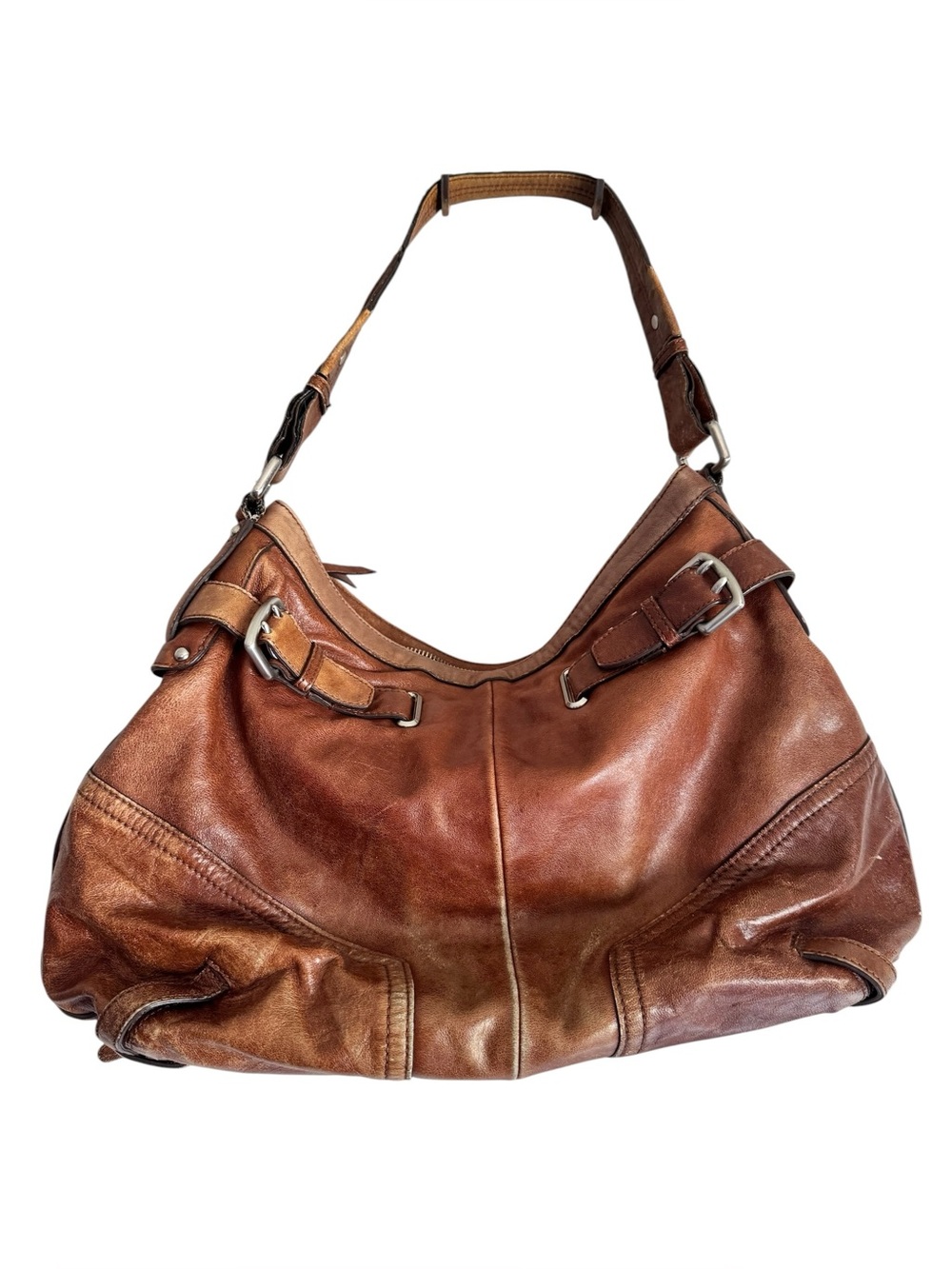 DKNY Cognac Brown Leather Shoulder Bag with Buckle Accents - Picture 2 of 6